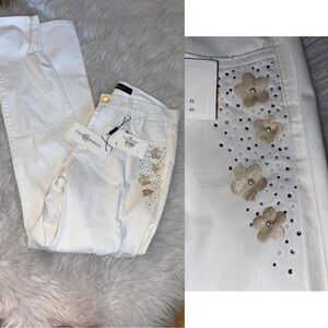 Cristina Barros Women's White Floral Embroidery Jeans - Straight Leg Cotton